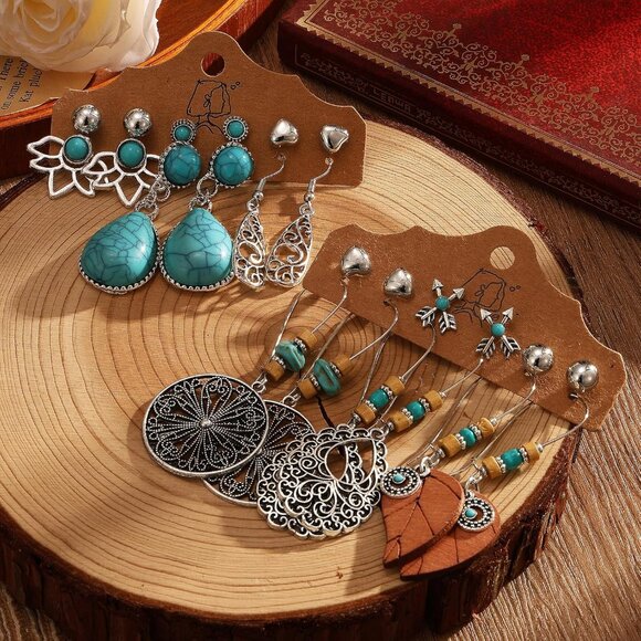 Bohemian Jewelry Set With Turquoise Necklace, Dangle Earrings, Stackable Bangle - Picture 6 of 8